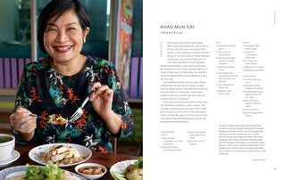 Founder of Kalaya eating a meal with a side of text about Khao Mun Gai