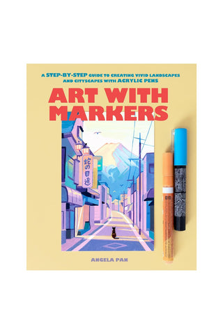 Book cover of 'Art with Markers' by Angela Pan with illustration and markers on a yellow background