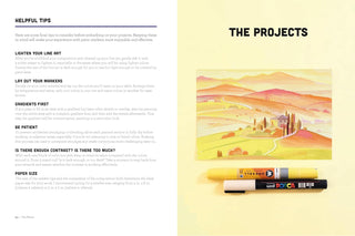 Art tips and an illustration of a landscape scene.