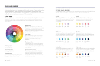 Color theory guide with a color wheel and examples of color schemes on a white background.