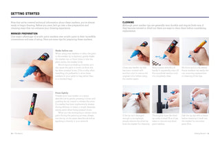 Instructions on using markers with images of hands holding markers and text explaining marker preparation and cleaning.