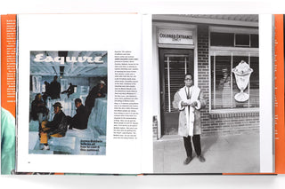 The left book page contains a vintage Esquire magazine cover insert with an illustration and article text, right shows James Baldwin in a jacket outside a store front
