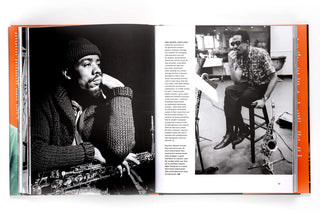 Open book showing black and white photo of a person with text on the left and a photo of a person in a studio with a saxophone on the right