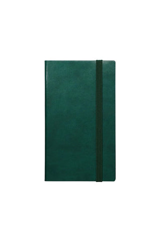 Green notebook with a green strap on a white background