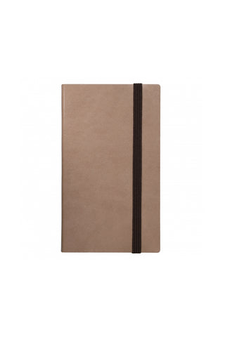Beige notebook with a brown strap on a white background