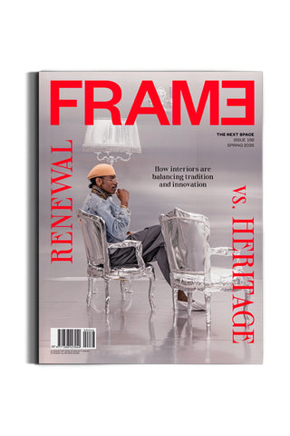 FRAME magazine Spring 2026 issue, red cover with interior photo and chairs