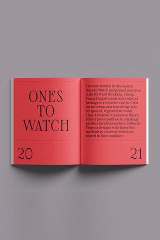 FRAME magazine interior spread, red page with title ONES TO WATCH and numbers 20–21