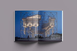 FRAME magazine open spread with large blue architectural building photo