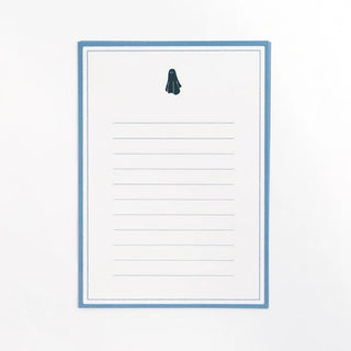 Blue-bordered letter sheet with centered dark ghost icon and lined writing area