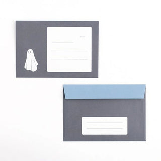 Gray envelope and white letter card with ghost icon, plus matching envelope flap