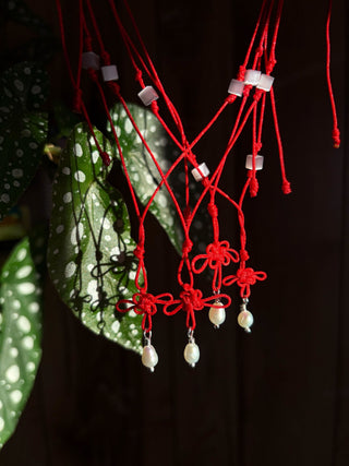 Multiple red knot necklaces with a plant and wooden background