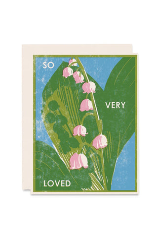 Greeting card with floral design and text 'So Loved Very' on a white background