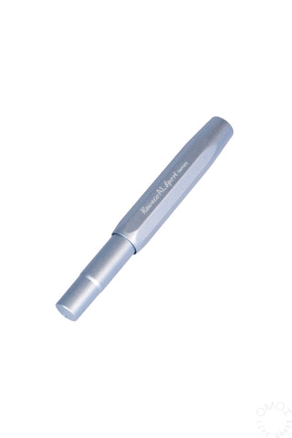 capped metallic blue fountain pen on a white background