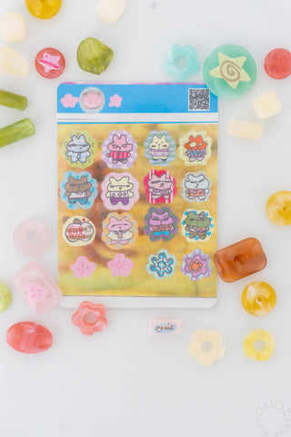 Colorful bear sticker sheet with colorful beads on a white background
