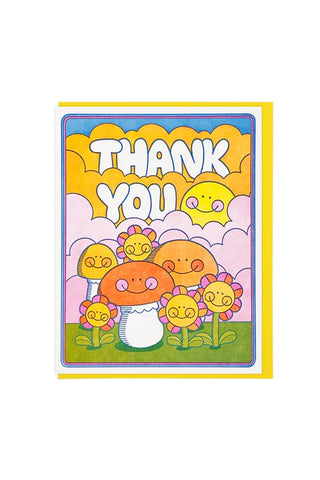 Colorful card with cartoon mushrooms and flowers and 'Thank You' text on a white background