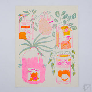Illustration of juice boxes, bottles, and cans with fruit graphics on a light background