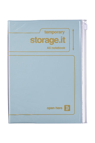 Blue A5 storage.it notebook on a white background