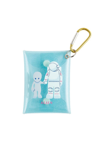 Light blue alien mini case with front astronaut graphic and metal keyring clip