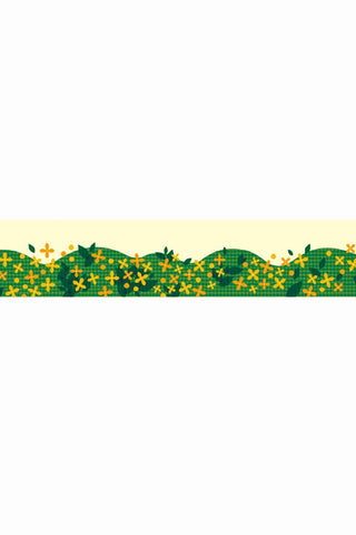 Strip of flowers and leaves on bushes on a white background