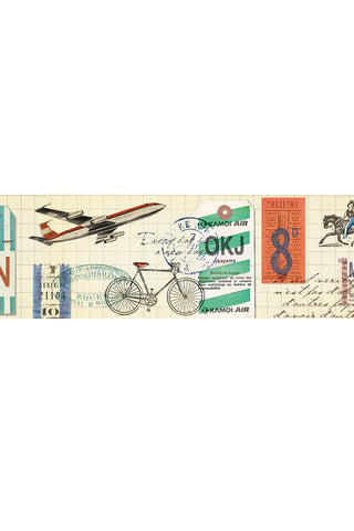 Decorative tape with travel themed objects on a white background