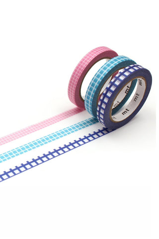 Three rolls of colorful washi tape with checkered patterns on a white background
