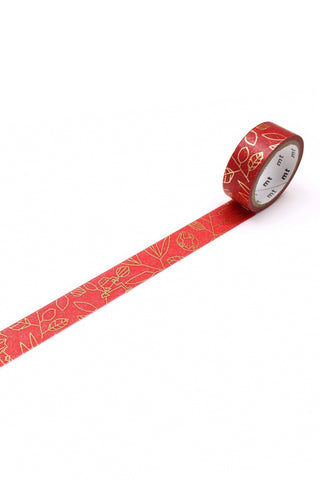 Red decorative tape with gold patterns on a white background