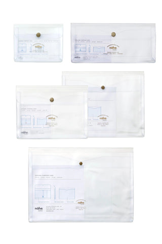 A set of clear plastic general purpose cases in various sizes with a transparent front and a slip pocket on the back, designed for organizing and storing items such as documents and stationery.
