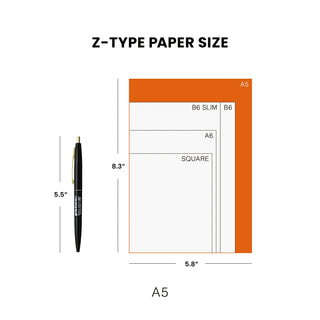 Diagram of Z-type paper size with dimensions and a pen for scale on a white background