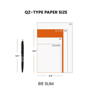 Diagram showing the dimensions of B6 Slim paper and a pen, with text indicating QZ-type paper size.