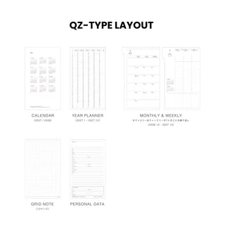 page showing a planner layout set labeled 'QZ-TYPE LAYOUT' with six previews: calendar, year planner, monthly & weekly, grid note, and personal data