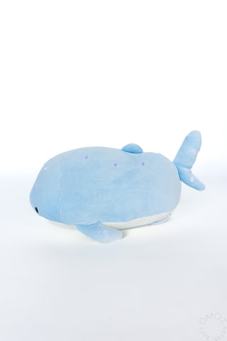 Side profile of whale shark plush on a white background