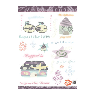 Close-up of white, blue, and purple sticker sheet on a white background