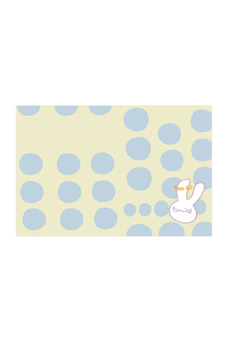 Yellow postcard with blue dots and bunny drawing on a white background