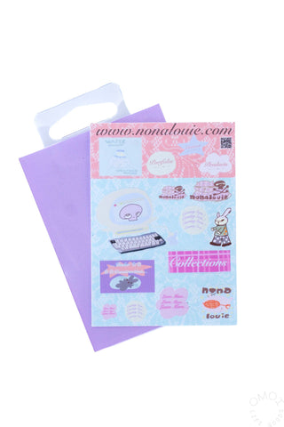 Blue and pink nonalouie sticker sheet with purple card sleeve on a white background