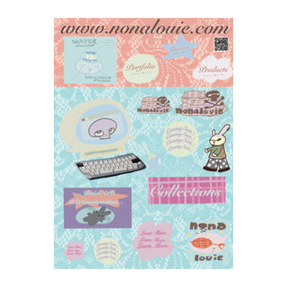 Close up of pink and blue nonalouie sticker sheet on a white background