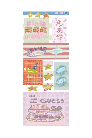 Sticker sheet of colorful stickers with various dramatic designs on a white background
