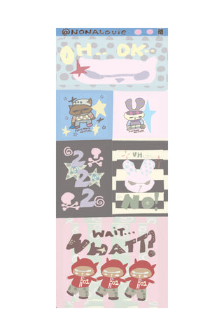 Sticker sheet with cartoon characters and indecisive text on a white background