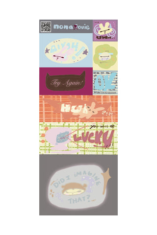 Colorful sticker sheet of animals and spacey text on a white background