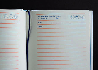 Open notebook with lined pages and question prompt on a black background