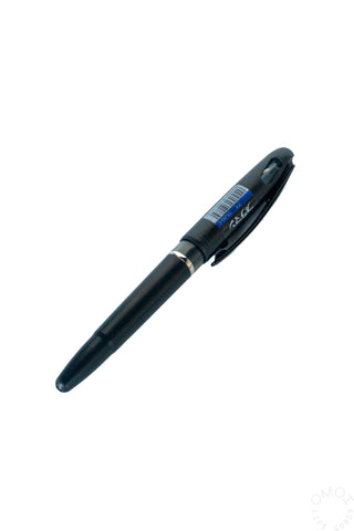 Blue ink marker with pointed tip and dark barrel.