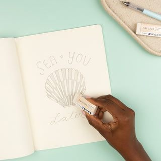 Hand holding a box of natural white Latex Free Erasers over an open notebook with shell design and text.