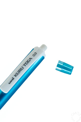 Blue mechanical pencil with 0.3mm marking, clear grip and metal lead point