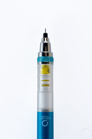 Blue mechanical pencil with metal clip, clear grip and yellow inner cartridge