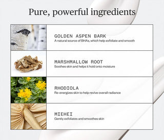 List of skincare ingredients with corresponding images and descriptions on a white background.
