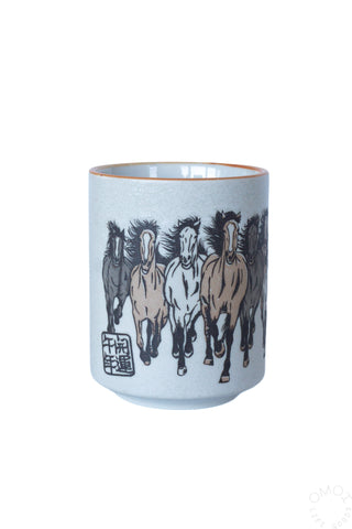 Horse teacup with black horse line art and small seal on light blue body