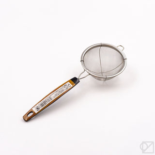 Fine mesh tea strainer with wooden handle and loop bail