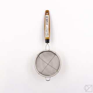 Fine mesh tea strainer with round metal hoop and wooden handle