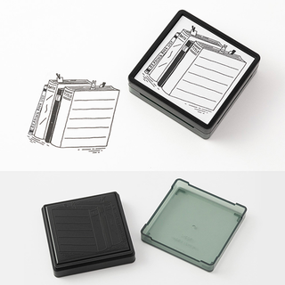 Stamp block with stamped paper samples and open ink pad case