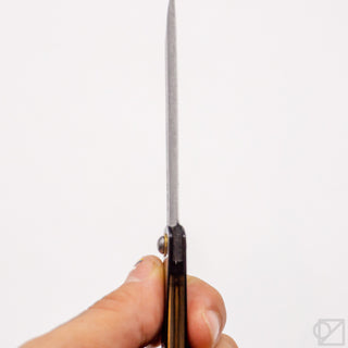 Pocket knife blade close-up, held vertically with black handle