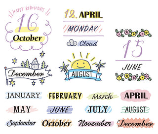 Monthly stamp designs sheet with colorful month names and small character illustrations